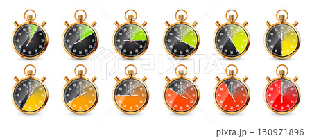 Realistic classic stopwatch. Shiny golden metal chronometer, time counter with dial. Colorful countdown timer showing minutes, seconds. Time measurement for sport, start, finish. Vector illustration 130971896