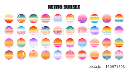 Grunge vintage colorful sunset. Striped gradient sunrise badges in 80s and 90s style. Sun and ocean view, summer vibes, surfing. Design element for print, logo or t-shirt. Vector illustration Grunge vintage colorful sunset. Striped gradient sunrise badges in 80s and 90s style. Sun and ocean view, summer vibes, surfing. Design element for print, logo or t-shirt. Vector illustration 130971898