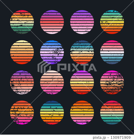 Grunge vintage colorful sunset. Striped gradient sunrise badges in 80s and 90s style. Sun and ocean view, summer vibes, surfing. Design element for print, logo or t-shirt. Vector illustration 130971909