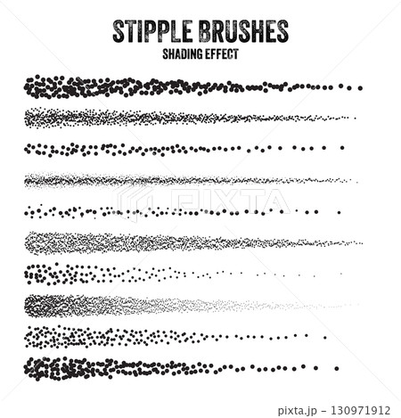 Ink scatter brush, stipple drawing and texturing. Fading gradient. Stippling, dotwork drawing, shading using dots. Halftone disintegration effect. White noise grainy texture. Vector illustration Ink scatter brush, stipple drawing and texturing. Fading gradient. Stippling, dotwork drawing, shading using dots. Halftone disintegration effect. White noise grainy texture. Vector illustration 130971912