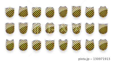 Glossy shields with yellow and black pattern. Security and protection concept. Cyber safety icons, internet privacy, web defense, digital data protection and antivirus themes. Vector illustration 130971913