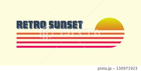 Vintage colorful sunset. Various gradient striped sunrise badges in 80s and 90s style. Sun and ocean view, summer vibes, surfing. Design element for print, logo or t-shirt. Vector illustration 130971923