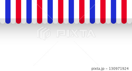 Shop sunshade. Realistic striped cafe awning. Outdoor market tent. Roof canopy in French flag colors. Summer street store. Vector illustration. 130971924