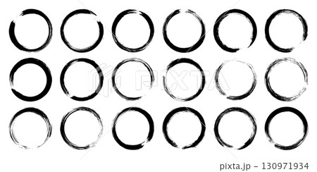 Grunge circles, brush strokes, lines, ink smudges, hand-drawn scribble shapes. Handmade sketchy marks, acrylic stains, charcoal streaks. Paint textures, dry brush effect. Vector illustration 130971934