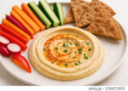 Colorful Hummus Platter With Crudites And Warm Pita Wedges 130971955