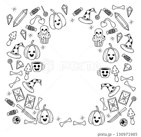 Outline Halloween Frame Pattern with Empty Space in Middle. Pumpkin Jack lantern, Mystic Creepy cupcake with Skull, Mushroom, Tarot, Crystal and Witch Hat. Line drawing. Vector illustration. Not AI Outline Halloween Frame Pattern with Empty Space in Middle. Pumpkin Jack lantern, Mystic Creepy cupcake with Skull, Mushroom, Tarot, Crystal and Witch Hat. Line drawing. Vector illustration. Not AI 130971985