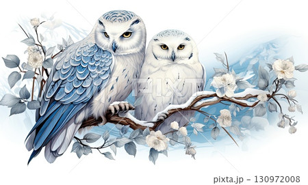 Fantasy illustration of a snowy wintry owl couple, with floral edges, white and light-blue colors 130972008