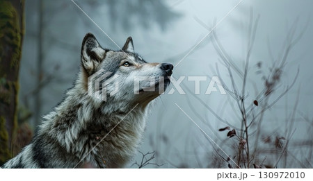 Gray wild wolf looking up, mystic junglecore, balance, scoutcore 130972010