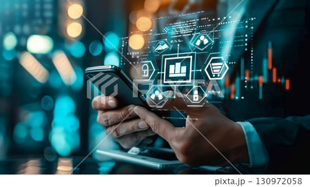 Businessman using mobile online banking and payments concept 130972058