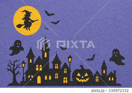 Halloween banner with haunted castle, witch, bats, ghosts and pumpkin on flat violet paper background with copy space 130972152