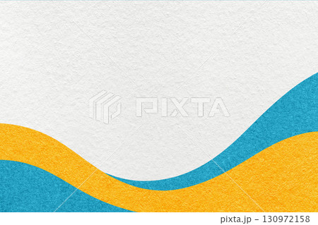 Textured white paper background with turquoise and yellow wavy lines and waves, copy space for banner, presentation 130972158