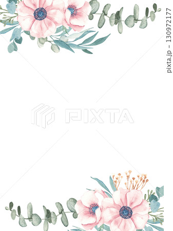 Anemone and Eucalyptus Card Template. Vertical Square Frame, border with dry yellow Tansy and Spikelets of Wheat or Rye. Watercolor Hand drawn botanical illustration. For greeting cards, wedding 130972177