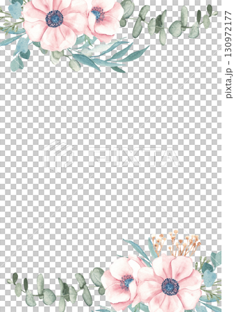 Anemone and Eucalyptus Card Template. Vertical Square Frame, border with dry yellow Tansy and Spikelets of Wheat or Rye. Watercolor Hand drawn botanical illustration. For greeting cards, wedding 130972177