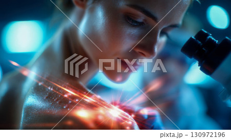 Woman being examined with a microscope, glowing digital effects highlighting her shoulder for futuristic skin analysis concept 130972196