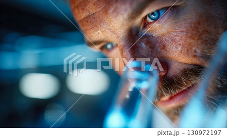 Male scientist closely examining laboratory samples with intense focus 130972197