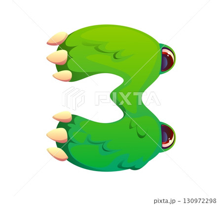 Bizarre monster character font digit 3 three. Crazy bugaboo creature kids ABC type numeral symbol, Halloween bogle personage cartoon vector font digit. Monster character alphabet typeface figure 130972298