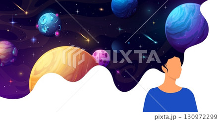 Woman with space hair and galaxy planets in starry sky, vector background. Girl or woman with hair of space or thinking about galaxy and cosmic fantasy with UFO sapceship and asteroids or comets 130972299