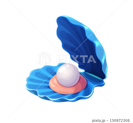 Cartoon pearl shell, oyster and scallop underwater seashell, Vector blue glossy conch with large pearl resting inside. Whimsical ocean treasure, game asset with smooth texture and white luxury pearl 130972308