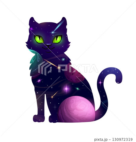 Space cat, vector fantasy celestial feline silhouette filled with a cosmic galaxy scene, featuring glowing green eyes, planets, stars, and shooting comets, blending mystical charm with outer space Space cat, vector fantasy celestial feline silhouette filled with a cosmic galaxy scene, featuring glowing green eyes, planets, stars, and shooting comets, blending mystical charm with outer space 130972319