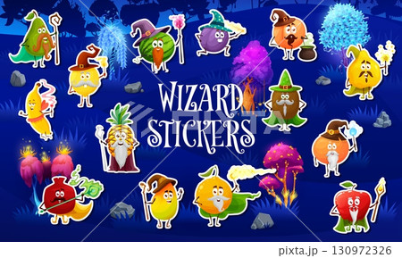 Halloween fruit mage and wizard characters tickers. Whimsical vector set of cartoon magical food personages with staffs, hat, cloaks and fun expressions. Patches for kids activities and fantasy games 130972326
