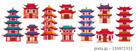 Cartoon Asian buildings and towers of ancient temple or pagoda, vector set. Chinese buildings or Japanese and Korean architecture houses, oriental traditional pagoda shrine or Asian town towers Cartoon Asian buildings and towers of ancient temple or pagoda, vector set. Chinese buildings or Japanese and Korean architecture houses, oriental traditional pagoda shrine or Asian town towers 130972333