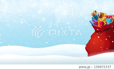 Christmas gifts bag on the snow. Vector red Xmas sack overflowing with colorful presents sits on a snowy landscape with falling snowflakes. Festive winter background for holiday cards, seasonal banner Christmas gifts bag on the snow. Vector red Xmas sack overflowing with colorful presents sits on a snowy landscape with falling snowflakes. Festive winter background for holiday cards, seasonal banner 130972337