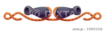 Cartoon marine and nautical divider, pirate and corsair border frame, piracy decoration featuring two black cannons tied with coiled orange ropes. Isolated vector maritime rover decorative element 130972338