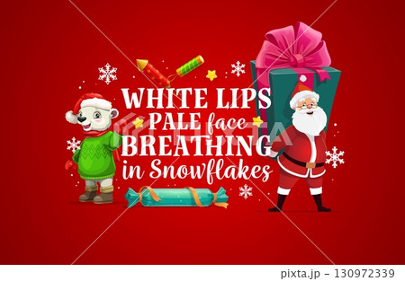 Christmas quote white lips pale face breathing in snowflakes. Cute festive winter banner with holiday phrase, featuring Santa Claus, bear animal in green sweater, petards and gifts on red background Christmas quote white lips pale face breathing in snowflakes. Cute festive winter banner with holiday phrase, featuring Santa Claus, bear animal in green sweater, petards and gifts on red background 130972339