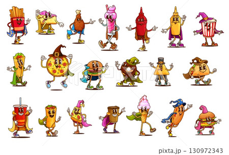 Cartoon Halloween groovy fast food and drink characters. Retro hippie pizza, burger and hot dog vector personages in Halloween costumes. Psychedelic groovy fries, pop corn, ice cream and coffee 130972343
