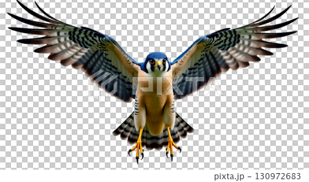 A Peregrine falcon is captured mid-flight, flaunting its blue gray wings and distinctive black markings around its eyes. This majestic bird embodies grace and strength in nature. 130972683
