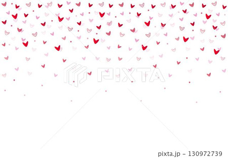 Background falling down hearts, red and pink decorative confetti with different fillings. Trendy vector single pattern with festive mood. The bottom part is free and convenient for adding text 130972739