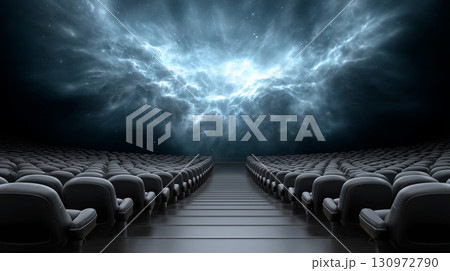 Vast auditorium filled with empty seats under dramatic lighting effects Vast auditorium filled with empty seats under dramatic lighting effects 130972790