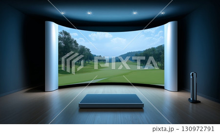 Indoor golf simulator with realistic landscape and advanced technology setup 130972791