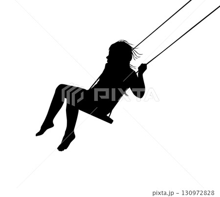 Silhouette of a girl riding a swing. vector illustration. hand drawn. Not AI. 130972828