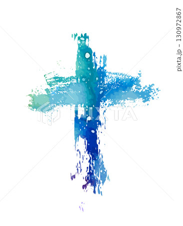 Christian cross vector. blue blotted cross. hand drawn. Not AI, Vector 130972867