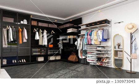 Modern Luxury Walk-In Closet Interior with Wardrobe and Dressing Table, 3D Rendering 130973045