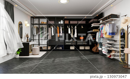 Modern Luxury Walk-In Closet Interior with Wardrobe and Dressing Table, 3D Rendering Modern Luxury Walk-In Closet Interior with Wardrobe and Dressing Table, 3D Rendering 130973047