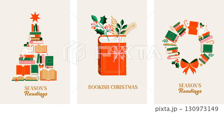 Christmas book fair posters and banners. Winter book sale vector illustrations. Christmas book fair posters and banners. Winter book sale vector illustrations. 130973149