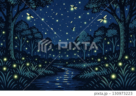ホタル　夜景　版画調 130973223