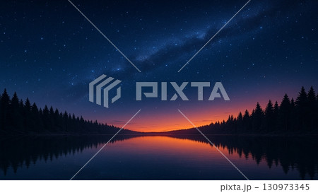 夕焼けと星空が広がる湖畔の絶景 夕焼けと星空が広がる湖畔の絶景 130973345