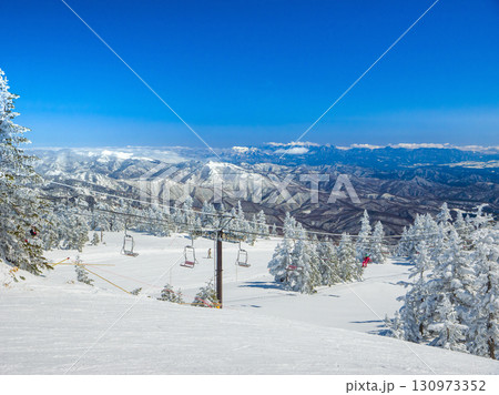 樹氷が美しいゲレンデを通るスキーリフト (群馬県、中之条町、渋峠) 130973352