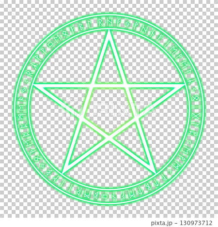 緑に光るルーン文字と五芒星の魔法陣(透明背景) 緑に光るルーン文字と五芒星の魔法陣(透明背景) 130973712