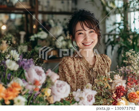 笑顔で花に囲まれる女性: 花屋: 美しい笑顔: ライフスタイル 130973792