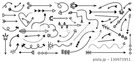 Black line arrows doodle set, various vector monochrome outline navigation signs. Linear decorative symbols in different shapes and directions 130973951
