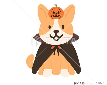 ハロウィンの仮装をしたコーギー犬のイラスト 130974023