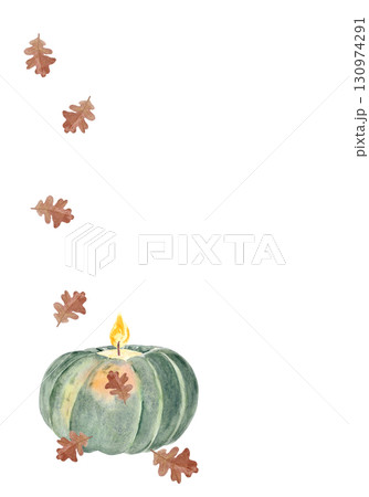 Pumpkin candle with oak leaves watercolor isolated on white. Cozy autumn harvest composition perfect for Thanksgiving, Halloween cards, home decor, rustic seasonal posters, botanical designs. Autumn Pumpkin candle with oak leaves watercolor isolated on white. Cozy autumn harvest composition perfect for Thanksgiving, Halloween cards, home decor, rustic seasonal posters, botanical designs. Autumn 130974291