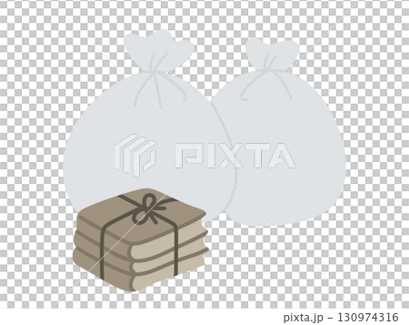 Spring cleaning and decluttering: Old books tied together with garbage bags and string Spring cleaning and decluttering: Old books tied together with garbage bags and string 130974316