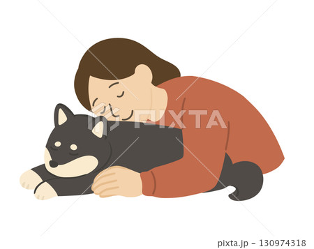 黒柴に抱きつく女性　犬吸い 130974318