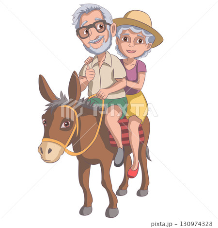 Elderly couple riding a donkey, vector illustration Elderly couple riding a donkey, vector illustration 130974328