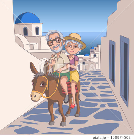 Elderly couple riding donkey in Santorini Greece 130974502